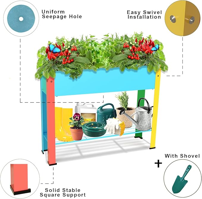 aboxoo Colorful Large Planter Raised Beds with Legs Outdoor Metal Planter Box on Wheels Elevated Garden Bed for Vegetables Flower Herb Patio