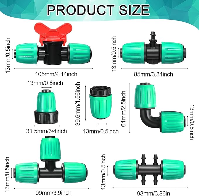 40 Pcs 1/2" Tubing Irrigation Fittings Kit 1/2 ID x 0.6-0.63 OD 16 mm Drip Irrigation Barbed Connectors Include 6 Switch Valves 18 Barbed Tee 8 Ends 4 Adapters 4 Elbows (Black and Green)