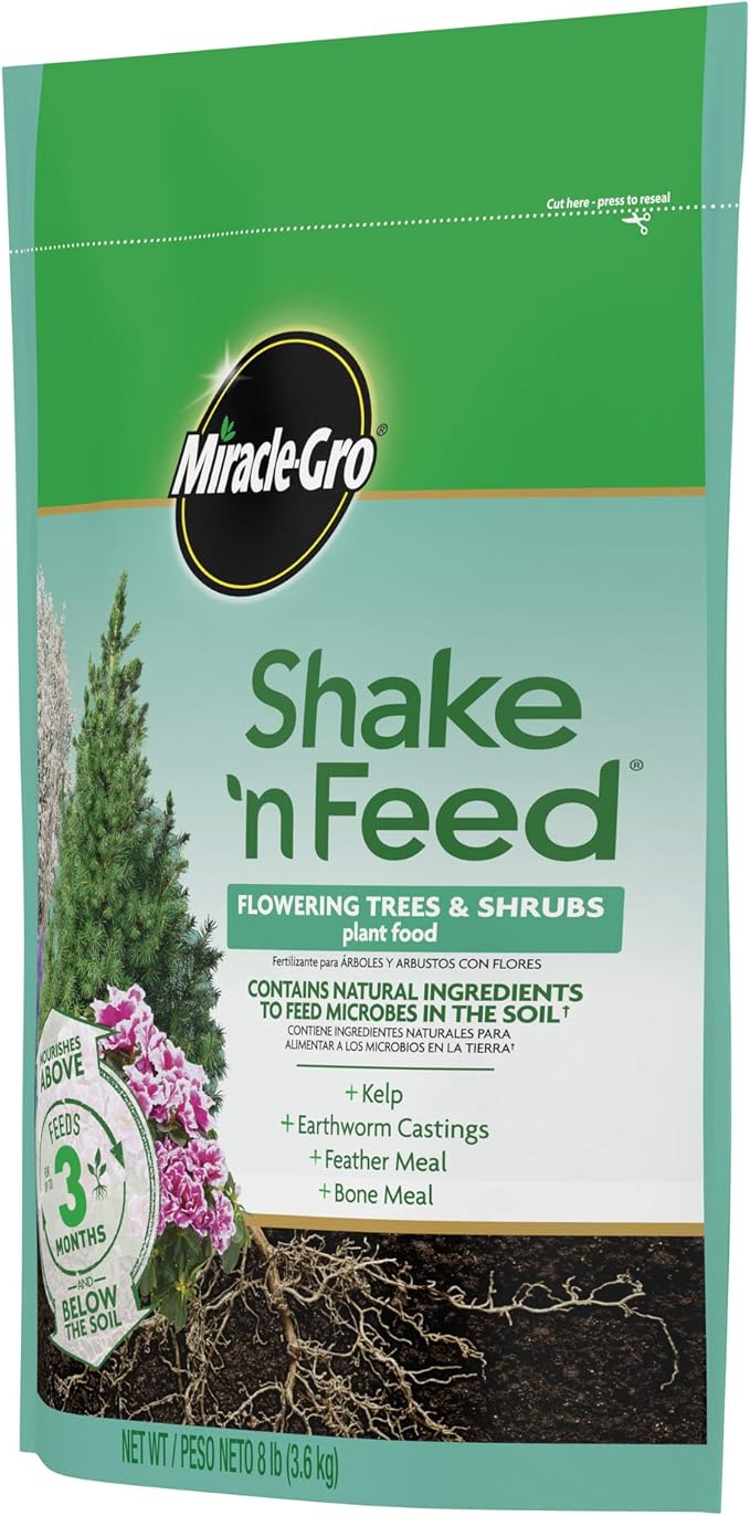 Miracle-Gro Shake 'N Feed Flowering Trees and Shrubs Plant Food, For In-Ground and Container Plants, Acid-Loving Flowering Plants, 8 lbs.