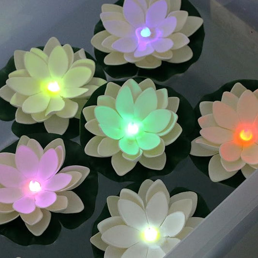 12 PCS Floating Lotus Lights - Artificial LED Lotus Waterproof Battery Operated Water Activated Color Changing Fake Lily Pad Lights for Pool Pond Lantern Garden Outdoor Decor