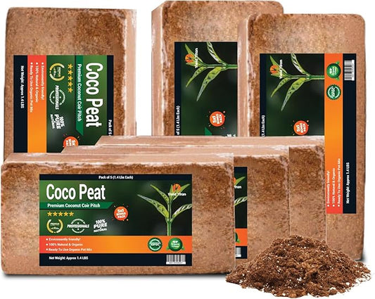 Coco Coir (650 Grams, 5+1 Bricks) - Compressed Coco Coir Bricks with Low EC and pH Balance - High Expansion Coco Fiber for Herbs, Flowers, Planting - Renewable Coconut Soil (Pack of 5+1 Bonus Brick)