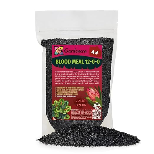 Premium 12-0-0 Organic Blood Meal Fertilizer by Gardenera - All-Natural Plant Food Source of Nitrogen for Organic Gardening, Flowers, Vegetables, Trees & Shrubs - 4 Quart