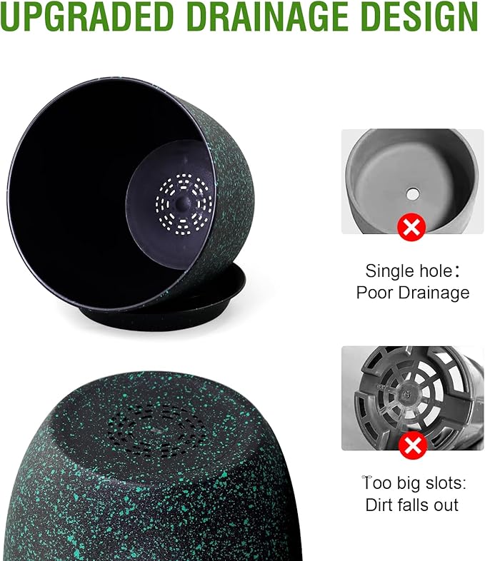 Large Flower Pots 12/10/9 inch, Set of 3 Decorative Plastic Planters with Drainage Holes and Saucers for Garden House Plants, Plant Pots for Indoor Outdoor Plants, Black with Green Speckles