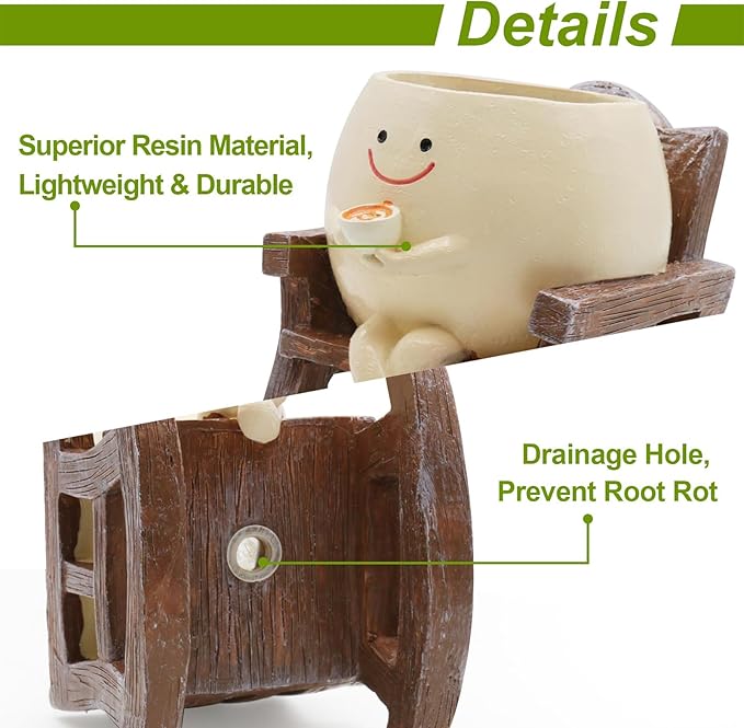 Smiley Face Planters for Indoor Plants, Cute Head Resin Rocking Chair Plant Pots, Funny Small Pots for Plants with Drainage Hole for Home Decor (Drinking Coffee)