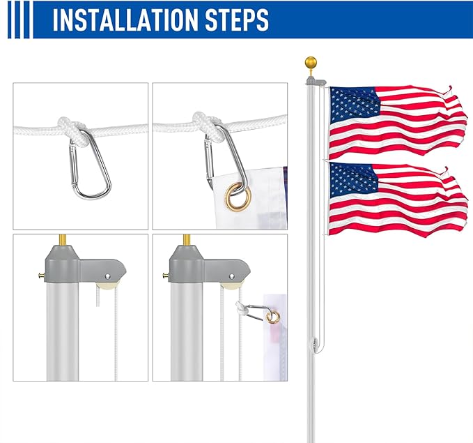 Flag Pole Kit 20FT, 12 Gauge 1.8mm Thickness Heavy Duty Flag Poles with 3x5 American Flag, Silver Flag Pole for Outdoor House In Ground, Extra Thick Flagpoles Suitable for Yard and Garden