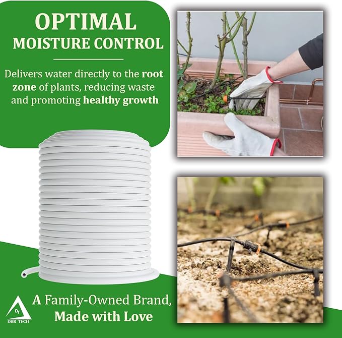 1/4 Drip Irrigation Tubing, 200 Feet, Flexible PVC Plastic Drip Irrigation Hose for Gardening, Misting, Hydroponics and DIY Landscape Garden Projects, Blank Distribution Tubing (200ft, White)