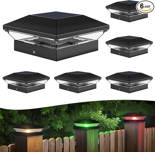 T-SUN Solar Post Cap Lights with Auto-Change Colors- for Wooden (4x4/6x6) & Vinyl (4x4/5x5) Posts | Weatherproof Outdoor Solar Fence Post Lights for Deck, Porch, Garden & Stairs(6-Pack,RGB)