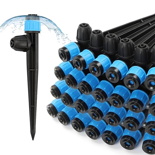 50pcs Drip Emitters Fan Shape with Stake for 1/4" Irrigation Tubing, Adjustable 360 Degree Water Flow Irrigation Vortex Sprayer On 5" Stake Garden Irrigation Dripper for Watering System