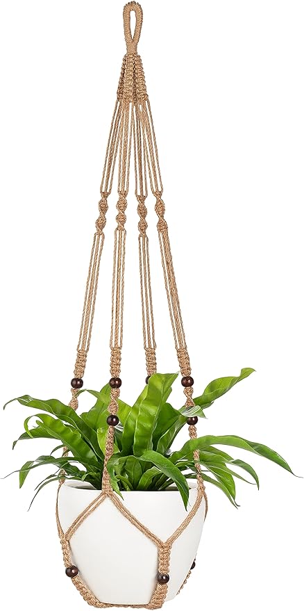 Mkono 43 Inch Macrame Plant Hanger Large for up to 12 Inch Pot Extra Long Hanging Plant Holder No Tassels Hanging Planter Basket with Wood Beads for Indoor Outdoor Home Decor, Brown