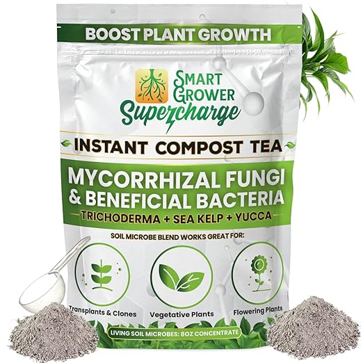 Mycorrhizal Fungi with Beneficial Bacteria, Trichoderma, Sea Kelp, Molasses, Yucca, Smart Grower Supercharge Plant Root Enhancer 8oz Super Concentrate Powder Makes 100 Gallons