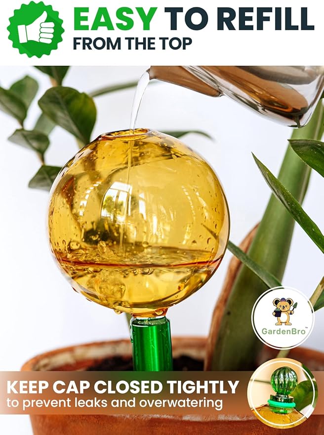 16 Oz Plant Watering Globes For Indoor Plants With Metal Self Watering Planter Insert - Premium XL Glass Hand-blown Globes - Automatic Indoor Planter Waterer, Gift Idea For Gardeners [1, Gold]