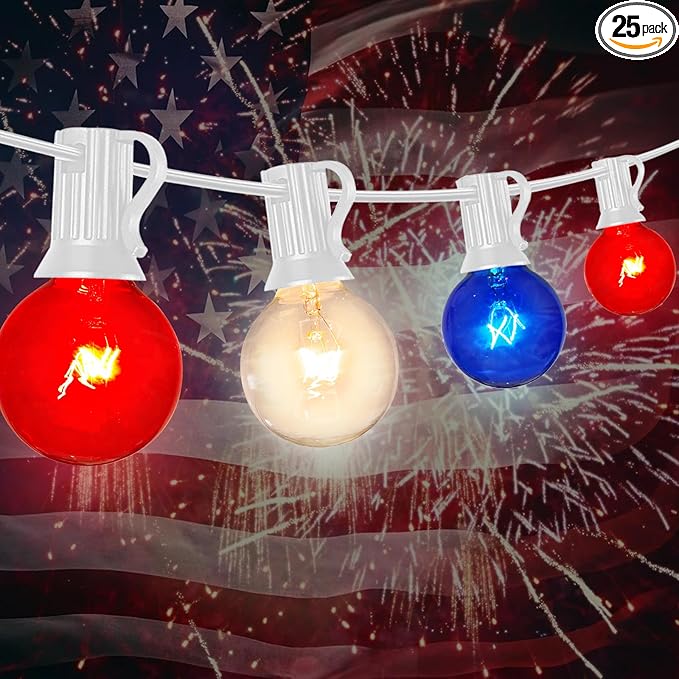 4th of July Decorations Lights Outdoor, 25Ft Red White and Blue Lights with 25 G40 Light Bulbs, Plug in G40 Patriotic Light for Indoor Independence Day Party Memorial Day-White