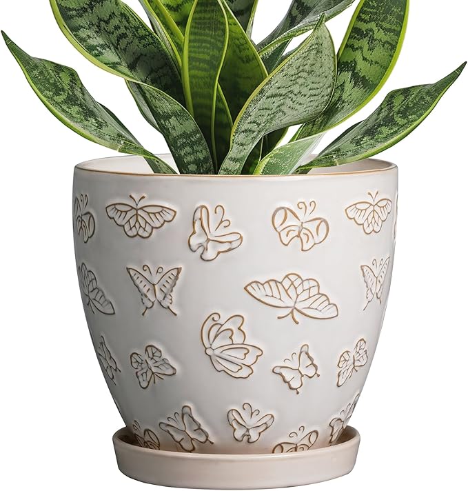 Ceramic Planter Pot - 6 Inch Plant Pot with Drainage Hole and Saucer, Succulent Round Flower Pot for Plants Indoor Outdoor, White