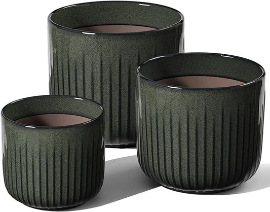 LE TAUCI Ceramic Planters for Indoor Plants, 8.3+6.9+5.7 inch Plant Pots with Drainage Holes, Cylinder Flower Pot for Indoor House Plant, Set of 3, Glaze Dark Olive