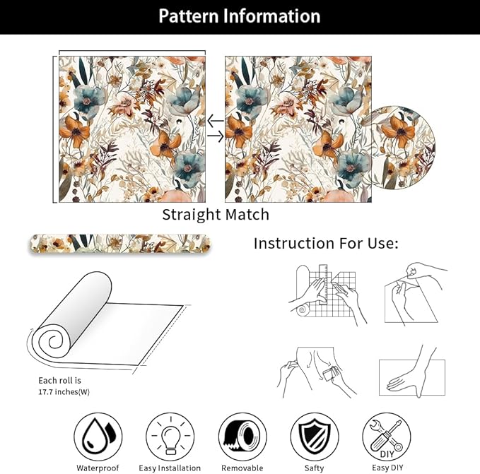 Boho Light Brown Flowers Teal Blue Floral Leaf Plants Vintage Watercolor Peel and Stick Wallpaper Self Adhesive Removable Easy Peel Off Stick on Wall Paper for Bedroom Cabinet Renter