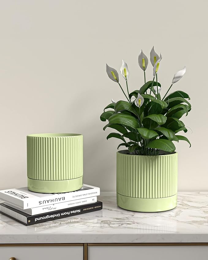 Ceramic Planter Pots Indoor with Drainage Hole & Saucer,Including Stand,7.3 Inch Mid-Century Modern Cylinder Plant Pot for Snake Flower Leaf Green