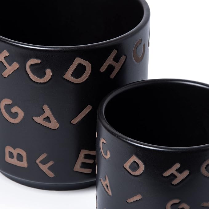 D'vine Dev Set of 2 Ceramic Planter Pots with Drainage Hole and Saucer, 4.5 Inch 6 Inch Plant Pots for Plants Indoor Houseplants, Black, 99-G-2