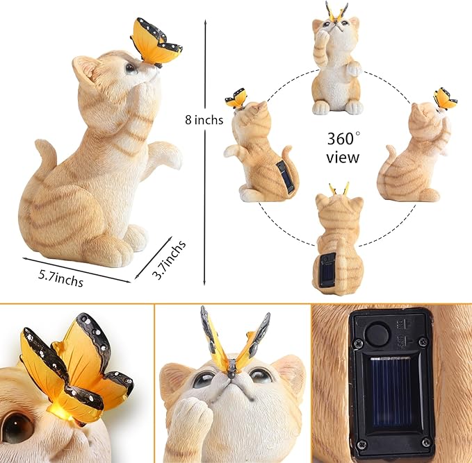 Solar Garden Statue Cute Cat Figurine Fun Color Changing LED Butterfly Light Outdoor Decor Waterproof Resin Sculpture Patio Lawn Art Housewarming Gifts for Cat Lovers Women