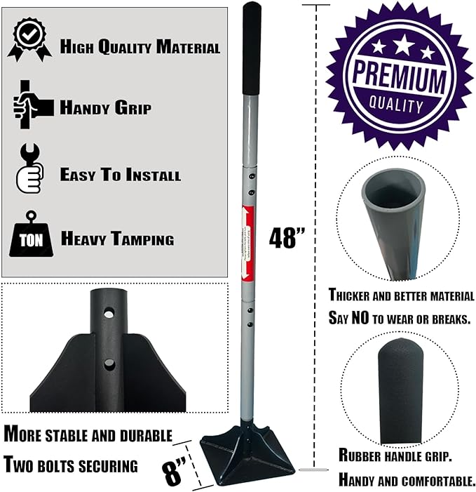 Heavy Duty Steel Tamper 8"x8" with 48 inch Handle and Rubber Grip Ideal Garden Landscaping Rammer for Earth Soil Asphalt, Gravel and Dirt Compaction Levelling Paver Tool Trash Tamper