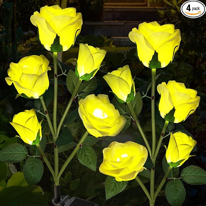 Solar Garden Lights, Solar Outdoor Lights with More Realistic 10 Rose Waterproof Solar Powered Flowers Lights for Outside Patio Yard Pathway Decorations, 2 Pack Yellow