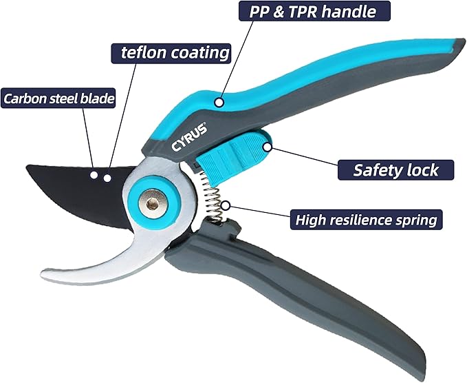 Pruning Shears for Gardening, 8” Stainless Steel Gardening Hand Pruner, Bypass Pruning Shears Steel Blades with Non-stick Coating Adjustable Up to 3/4" Cut Reinforced Plastic Handles