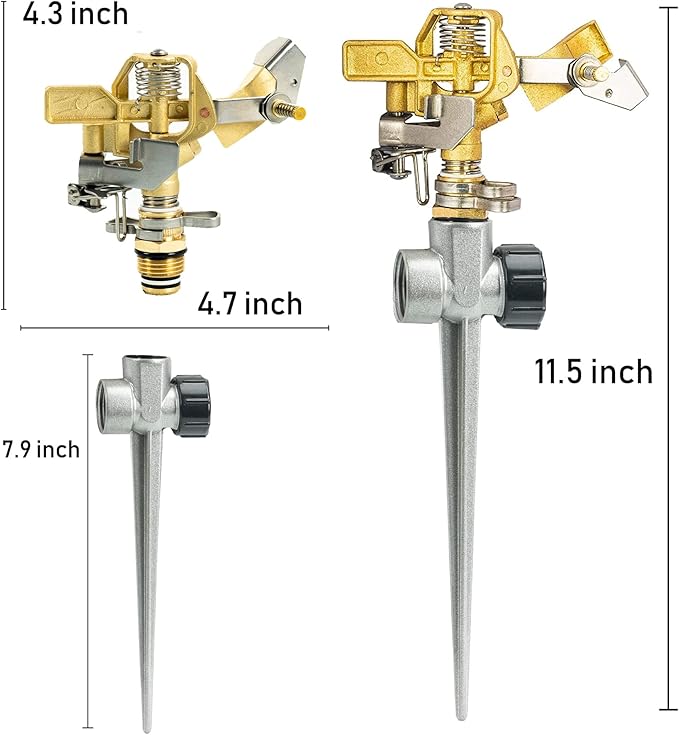 Hourleey 2 Pack Brass Impact Lawn Sprinklers for Yard, Heavy Duty Adjustable Pulsating Water Sprinkler Head with Aluminum Alloy Spike Base for Large Area Patio Garden