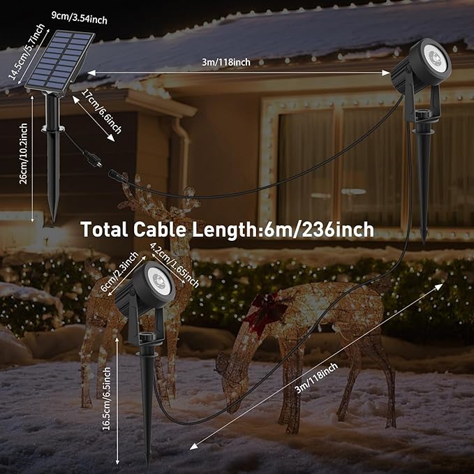 T-SUNUS Solar Spot Lights Outdoor IP65 Waterproof White 6000K 2-in-1 Landscape Spotlights, 9.8ft Cable Separate Panel Auto Dusk to Dawn Dimmable for Flag Yard Garden Patio Driveway Pathway Garage