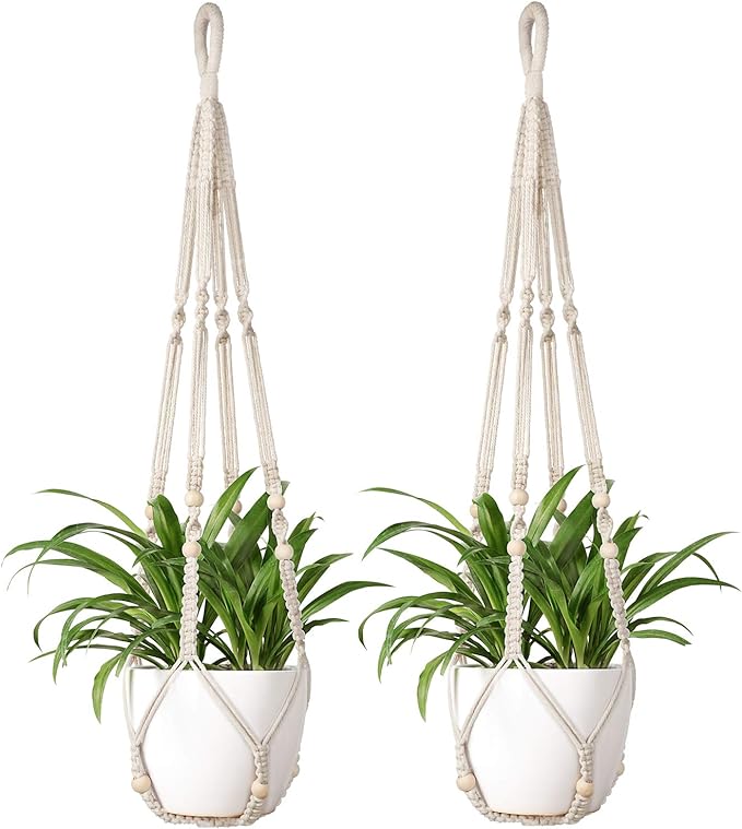 Mkono Macrame Plant Hanger Indoor Hanging Planter Basket with Wood Beads Decorative Flower Pot Holder No Tassels for Indoor Outdoor Boho Home Decor 35 Inch, Ivory, Set of 2 (POTS NOT Included)