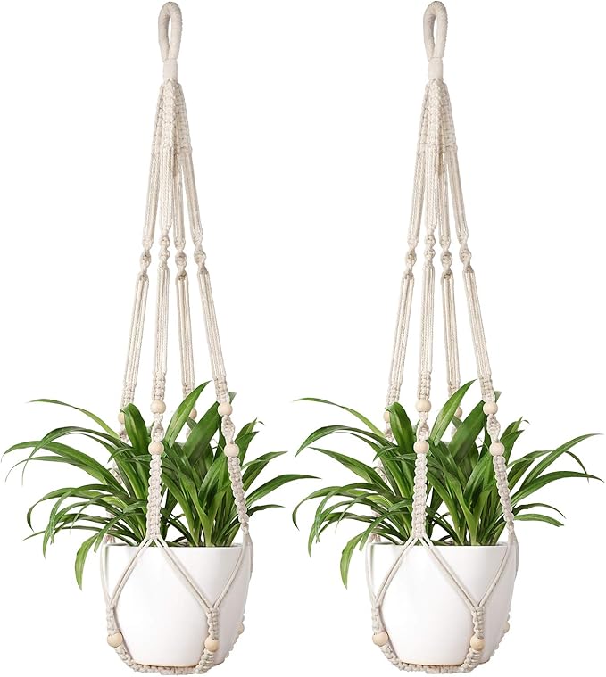 Mkono Macrame Plant Hanger Indoor Hanging Planter Basket with Wood Beads Decorative Flower Pot Holder No Tassels for Indoor Outdoor Boho Home Decor 35 Inch, Ivory, Set of 2 (POTS NOT Included)