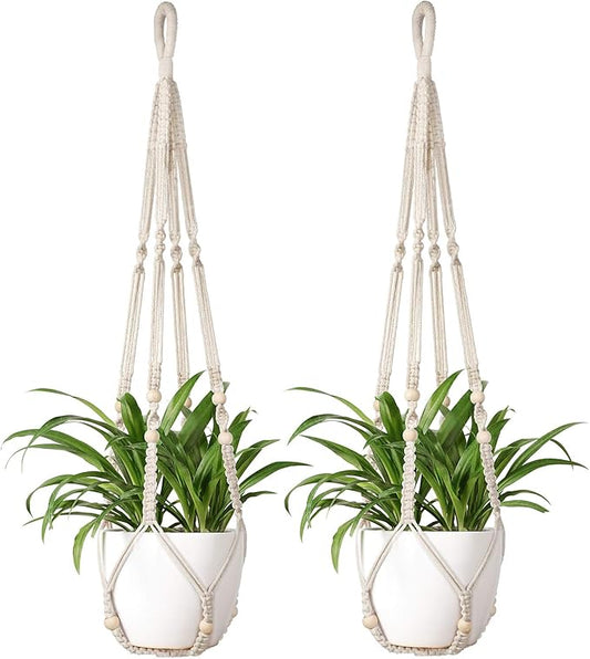 Mkono Macrame Plant Hanger Indoor Hanging Planter Basket with Wood Beads Decorative Flower Pot Holder No Tassels for Indoor Outdoor Boho Home Decor 35 Inch, Ivory, Set of 2 (POTS NOT Included)
