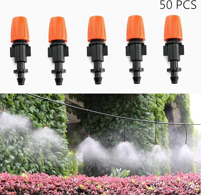 50 Pcs Drip Irrigation Spray Emitters, Adjustable Atomizing Nozzles,1/4 Inch Drip Irrigation Parts Sprayers Drippers for Garden Greenhouse Agricultural Irrigation Patio Misting