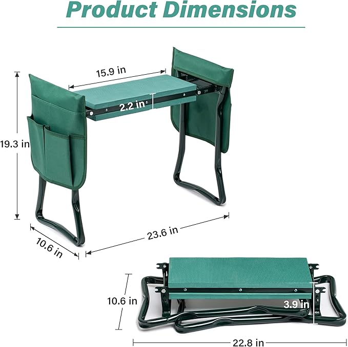 Simple Deluxe Garden Kneeler and Seat, Foldable Kneeling Stool with Thicker EVA Foam Pad Heavy Duty Bench, with Tool Pouch, Gifts for Outdoor Gardening, Fishing, Green, 2 Pack