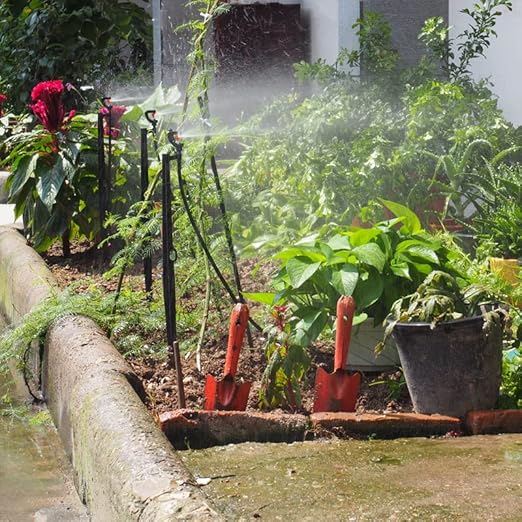 Drip Irrigation Micro Spray Emitter on 20 inch Stake with 1/4" Tubing and Barbed Coupler 180° Half Circle Pattern, 8.5’ Spraying Distance