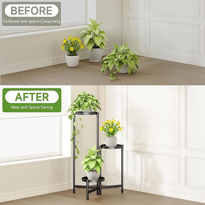3-Tier Metal Plant Stand Indoor, Foldable Corner Plant Shelf Outdoor, Rotatable Tiered Tall Plant Stand, Black Multiple Plant Stands for Patio Living Room Balcony Garden Home Decor