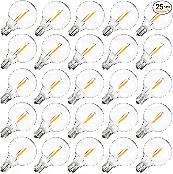 Brightown G40 Solar Replacement Bulbs, E12/C7 Candelabra Screw Base, 3V, 0.15W, 1.5 Inch Shatterproof Globe LED Bulbs Only for Solar Outdoor String Lights, 2700K, Dimmable, Warm White, 25 Pack