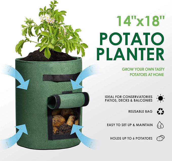 Delxo 10Pack 10 Gallon Potato Grow Bags,Grow Bags for Vegetable with Window, Double Layer Premium Breathable Nonwoven Cloth for Potato/Plant Container/Aeration Fabric Pots with Handles in Green