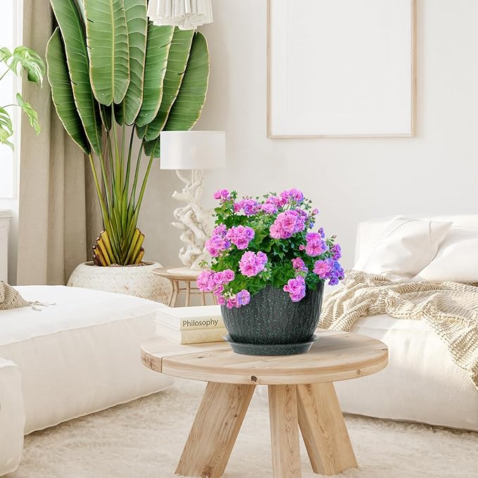 12/10/9 inch Large Plant Pots, 3 Pack Wide Flower Pots for Outdoor Indoor Plants with Ripples, Big Plastic Planters with Drainage Holes and Saucers for Garden Home, Black with Green Speckles