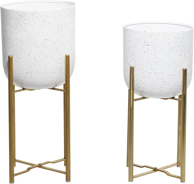 Deco 79 Metal Indoor Outdoor Planter Deep Dome Speckled Large Planter Pot with Gold Stands, Set of 2 Planters 22", 19"H, White