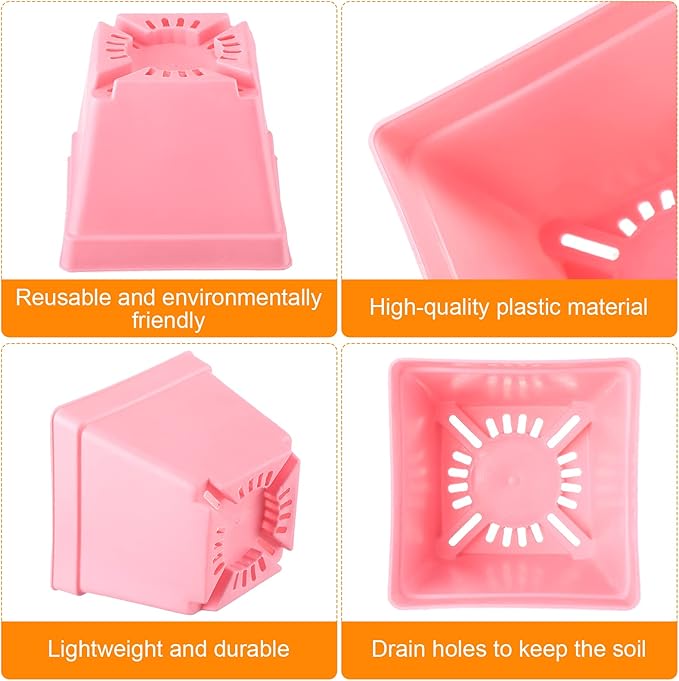 100 Pieces 4 Inch Flower Pots Square Plants Nursery Pot Plastic Plant Seedling Pots Nursery Transplanting Planter Container with Saucer for Indoor Herbs Succulents Balcony Garden Office (Colorful)