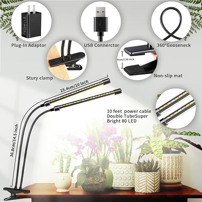 Full Spectrum LED Grow Light for Indoor Plants, 2Heads Grow Lights for Seed Starting, 10 Dimmable Levels & 3 Timer Modes (3/9/12H), Adjustable 360° Gooseneck with Clip, Plant Grow Light 2 Pack
