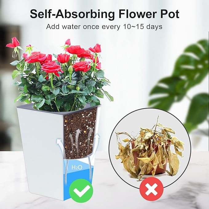 2 Pieces 6 Inch Self Watering Planter, Plastic Flower Pots with Inner Pot Indoor Plants Brick Pattern Flowerpot for Indoor Plants, African Violets, Flowers, Herbs (White)