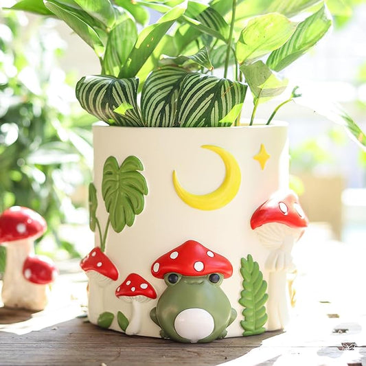 GUGUGO Frog Garden Planters, Cute Unique Plant Pot with Drainage, Rainbow Colorful Small Mushroom Flower Planters Pots for Indoor Plants, Funny Succulent Gardening Pot Gifts Home Décor (C, 5Inch)