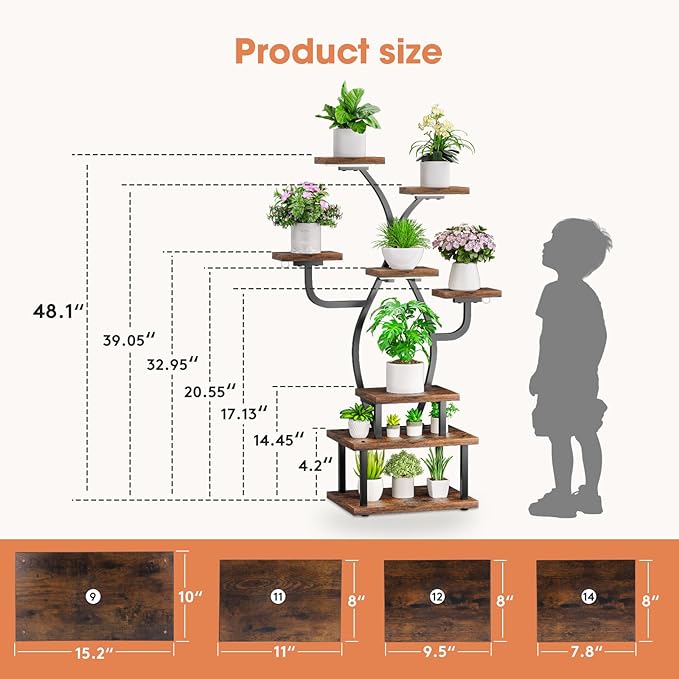 Plant Stand Indoor with Grow Light, 8 Tiered 48" Small Plant Shelf, Corner Plant Stand Stand for Indoor Plants Multiple, Metal Humen-Shaped Plant Flower Holder, for Living Room, Patio, Balcony