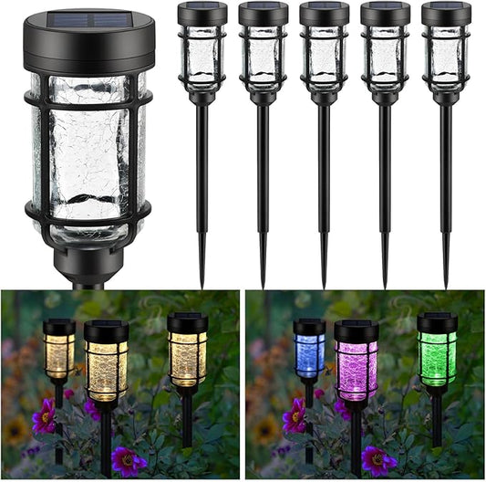 Solar Pathway Lights 6 Pack, Color Changing+Warm White LED Solar Lights Outdoor, Waterproof Solar Crackle Glass Stake Lights for Garden Path Walkway Backyard Lawn Landscape Decoration