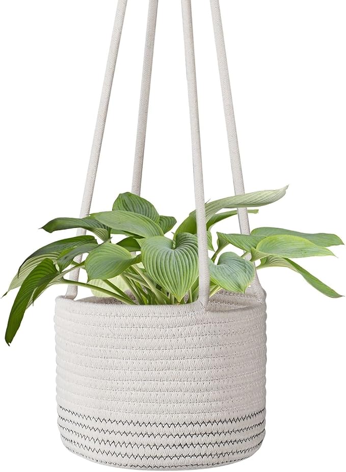 Flexzion Hanging Plant Basket Boho Cotton Rope Basket Indoor Hanging Planter, Up to 7" Flower Pot, Macrame Woven Modern Plant Holder, Storage Bin Organizer, Home Decor with 20" Hanging Rope, White