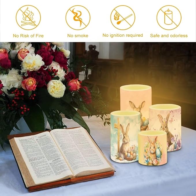 Flameless Light Candles Home Ornaments Battery Operated Candles with Color Changing Timer Remote Control Fake Pillar Candles Tealights Easter Home Decoration, Easter Bunny Colorful