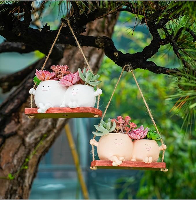 Cute Couple Swing Planter with Smiley Face,Couple Planter Pot,Hanging Swing face Pot,Hanging Plant Pot for Indoor Outdoor Plants, (Khaki)