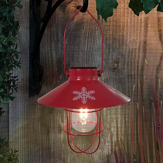 pearlstar Solar Lantern Outdoor Hanging Light Metal Solar Lamp with Warm White Edison Bulb Design for Christmas Holiday Home Garden Yard Patio Proch Decor (Red)
