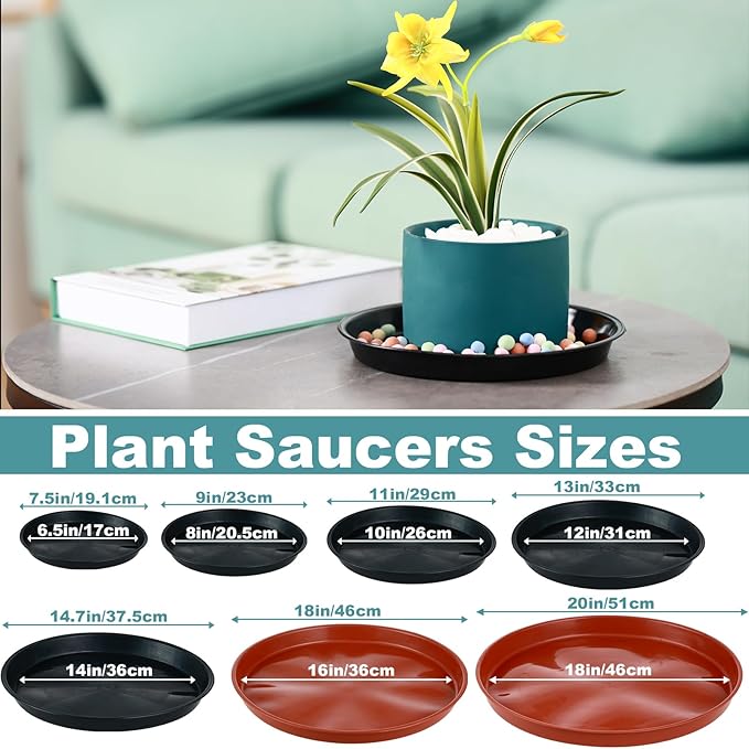 6 Pack Bottom 12 Inch Plant Saucers for Indoors Outdoors Plastic Plant Water Catcher Trays No Holes Round Flower Pot Drip Trays for Pots Base Heavy Duty Plant Pot Saucers Water Drainage Trays, Black