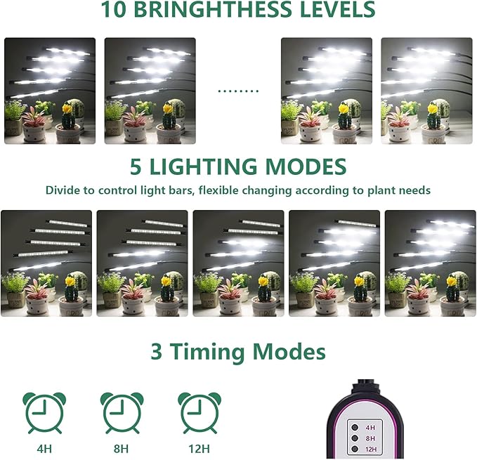 KEELIXIN Grow Lights for Indoor Plants (White), 5-Head Adjustable LED Plant Lights, Full Spectrum Lamp with Timer for Various Plants